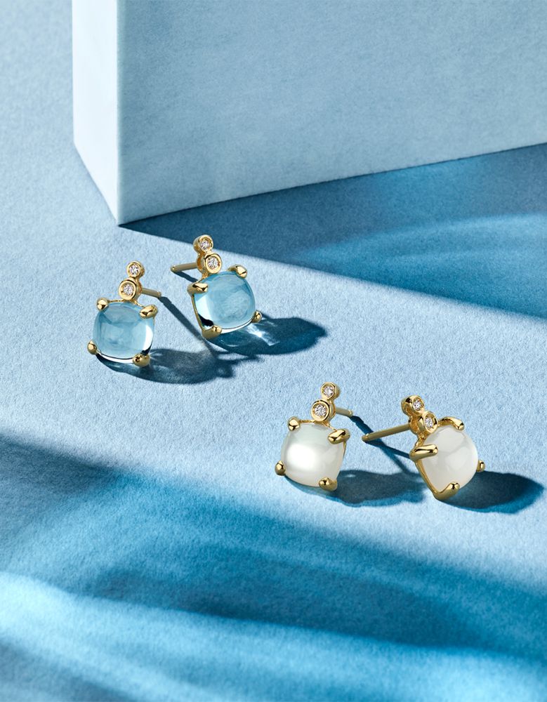 Stijlvolle Geelgouden Oorbellen met Cabochon Geslepen Blauwe Topaas en Diamanten 14 Karaat