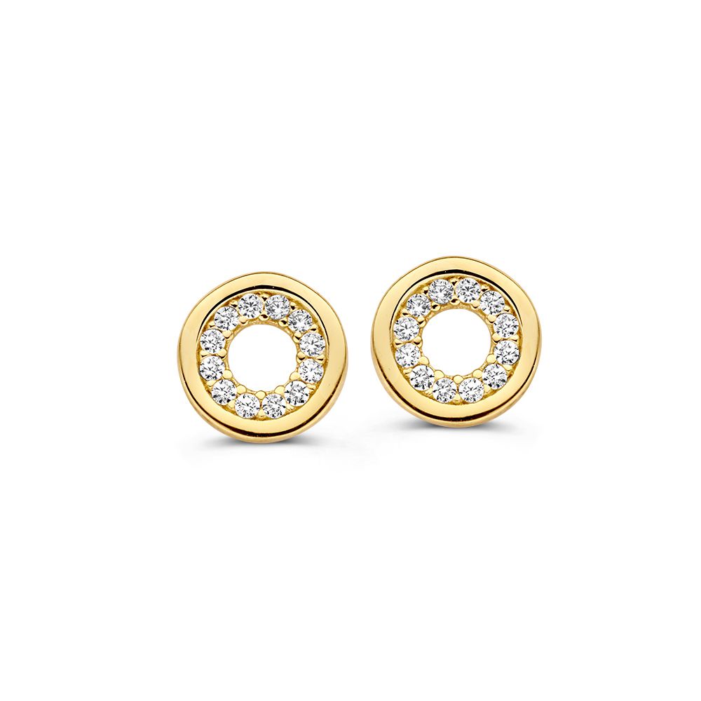 Geelgouden oorstekers met een rond design, versierd met zirkonia steentjes.