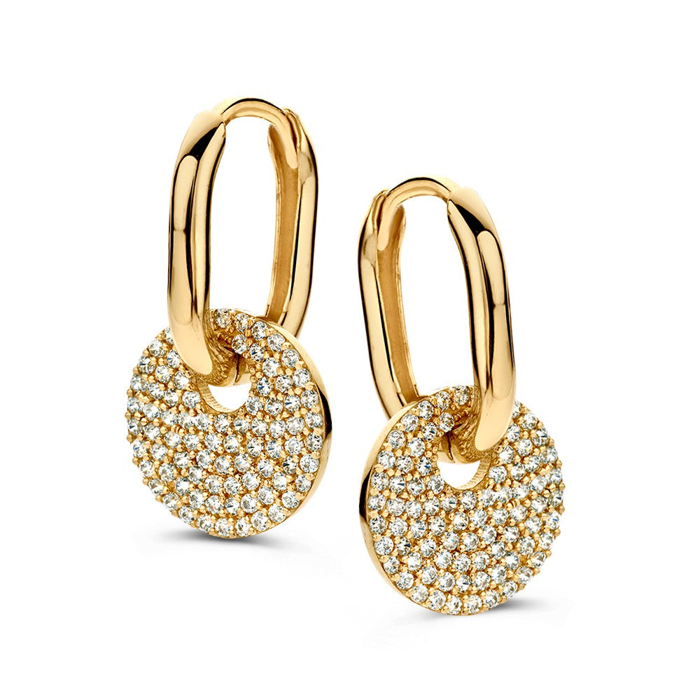 Ovale geelgouden oorringen met zirkonia oorbedels en een verstelbare luxe afwerking.