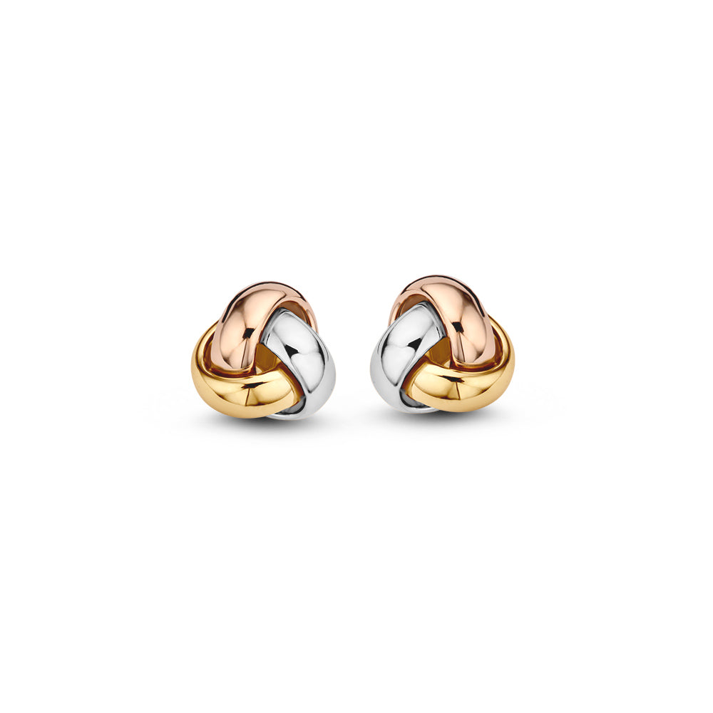 Tricolor gouden oorstekers in knoopmodel met een combinatie van witgoud, geelgoud en roségoud.