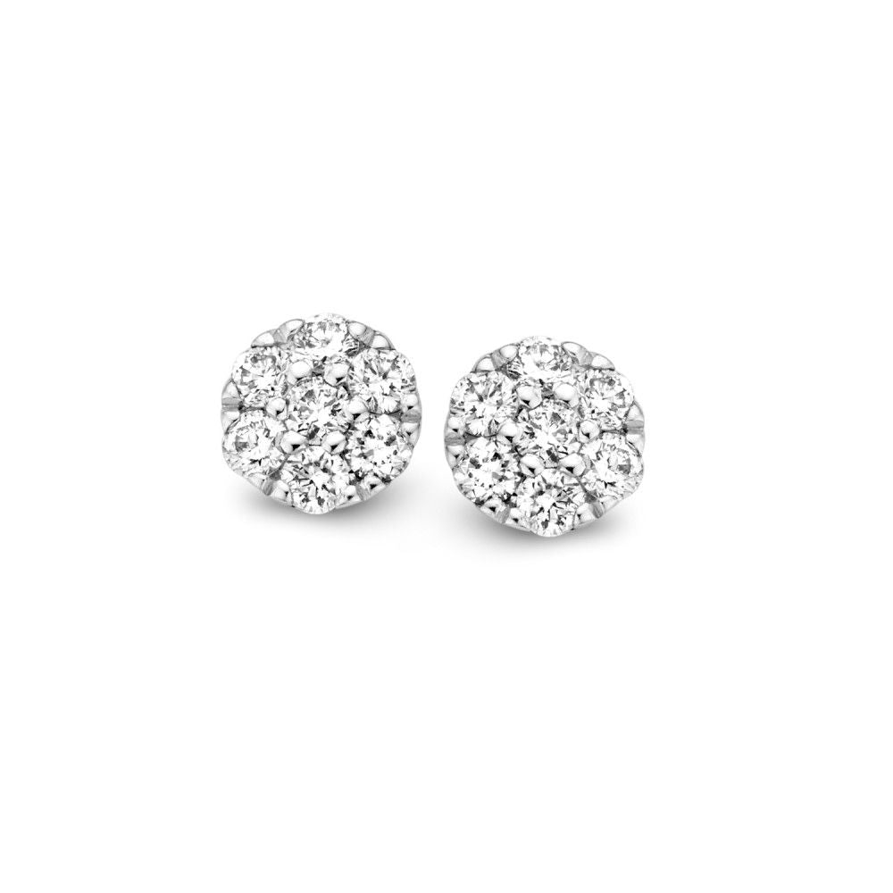 Witgouden Oorstekers met Diamant in Entourage Zetting – 14 Karaat, 0.19 ct Briljant