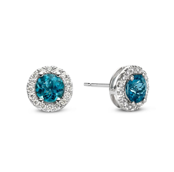 Oorstekers witgoud briljant+london blue topaz