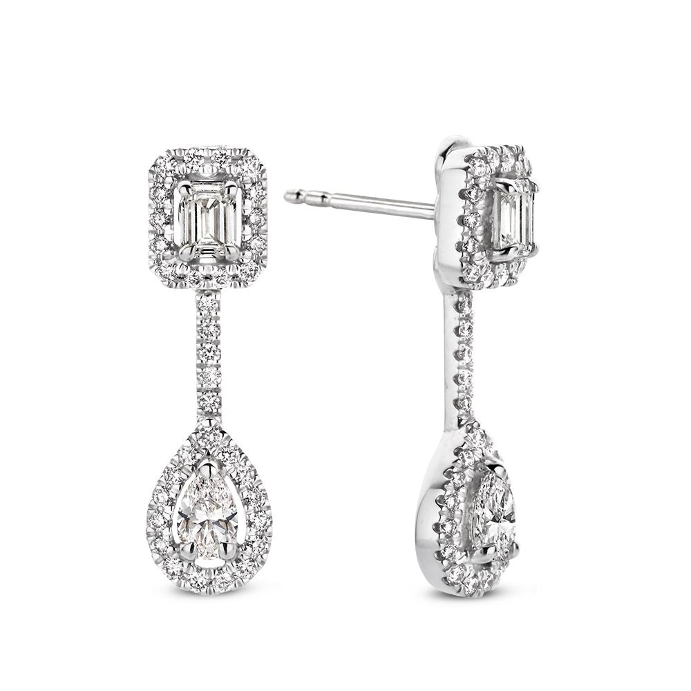 Witgouden Oorhangers met Diamanten – 1,04 Caraat – Baguette, Emerald & Peergeslepen Diamanten