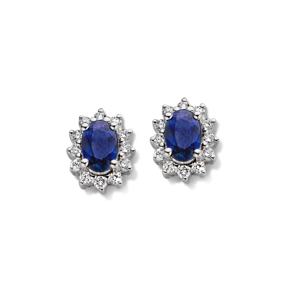 Witgouden Oorstekers Saffier Entourage met Briljant – 14K Oorbellen voor Dames, 0.28 crt Diamanten