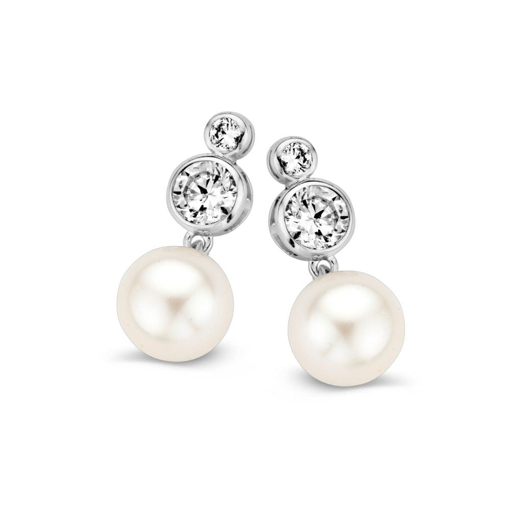 Witgouden Oorstekers met Zirkonia en Parel – 14K Oorbellen voor Dames, 17 mm, Set met Poussettes