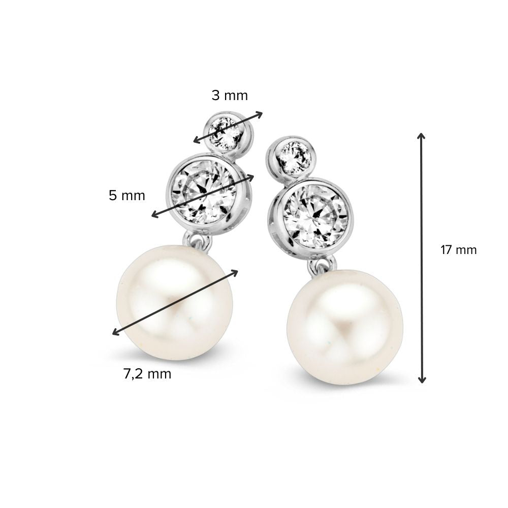 Witgouden Oorstekers met Zirkonia en Parel – 14K Oorbellen voor Dames, 17 mm, Set met Poussettes