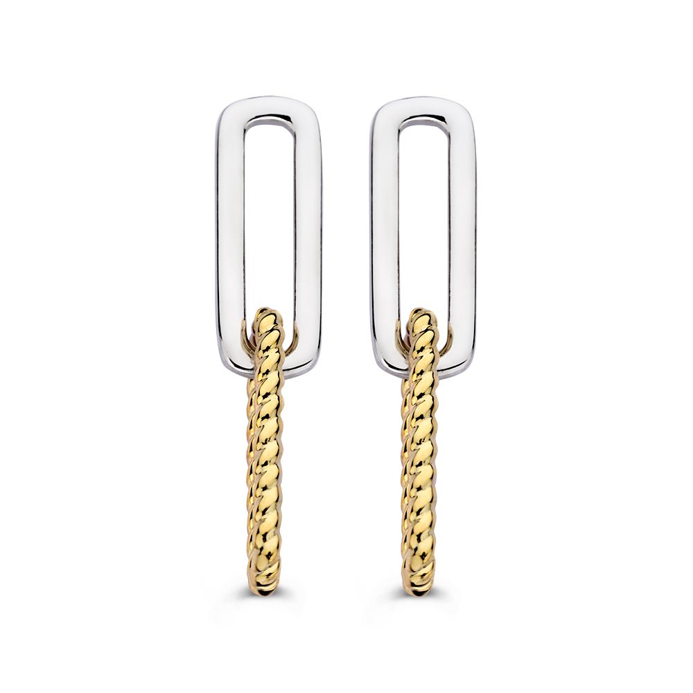 Zilveren oorstekers met 14K gouden paperclip schakels, 30 mm lang, eenvoudig en modern design.