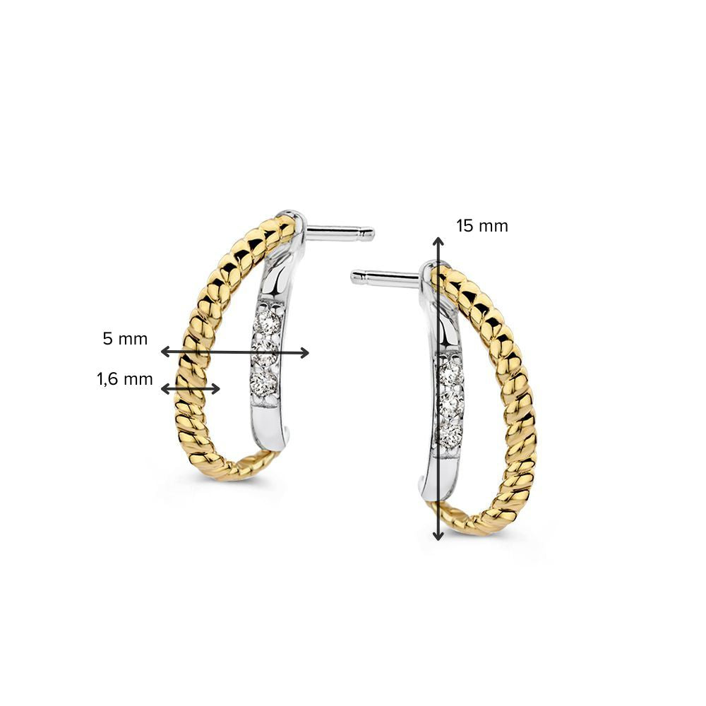 Zilveren Oorstekers met Gedraaide Gouden Baan en Zirkonia – 15 mm