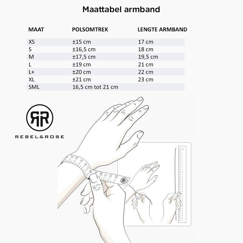 Maattabel voor de Rebel & Rose Silver Shine - 3mm - Kralen Armband Dames (Nederlands), met polsomtrek en armbandlengte voor maten XS t/m XL. Illustratie laat zien hoe je pols ontmoet met een meetlint.