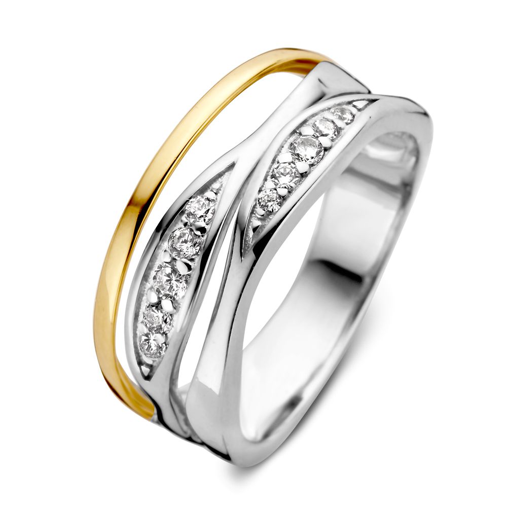 Gerhodineerde zilveren damesring met een gele gouden band en zirkonia in een golvend design.