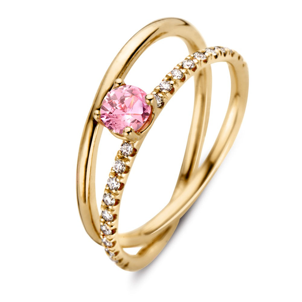 De 18kt Geelgouden Ring met Roze Saffier en Diamanten van Excellent Jewelry is een moderne Van der Kooij Luxe Sieraad, met een ronde roze saffier en diamanten op slanke, verstrengelde banden.