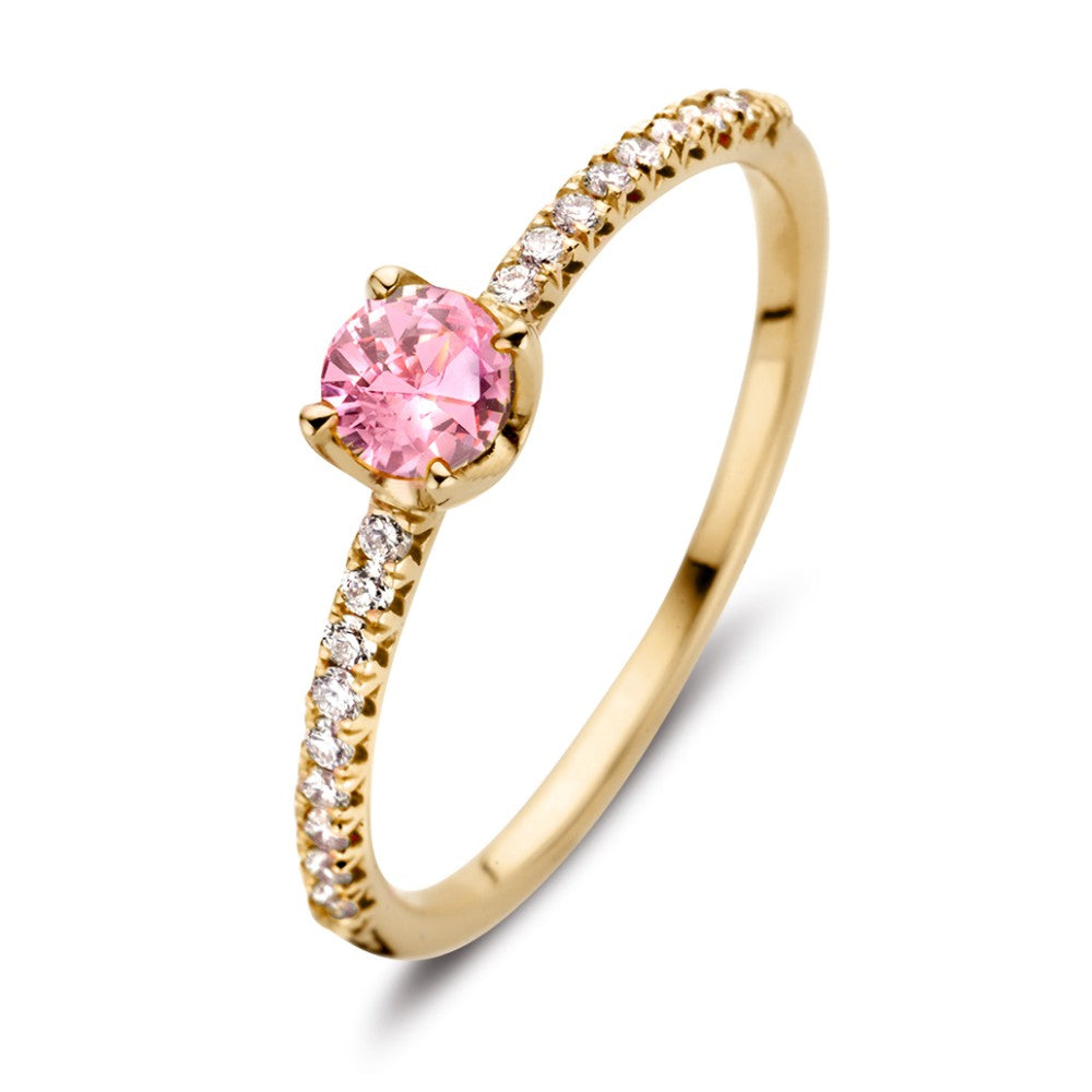 Geelgouden ring met een ronde roze saffier in de zetting en briljanten langs de band.