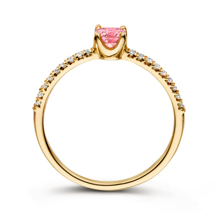 18kt Geelgouden Ring met Roze Saffier en 0.15ct Briljanten - Elegante