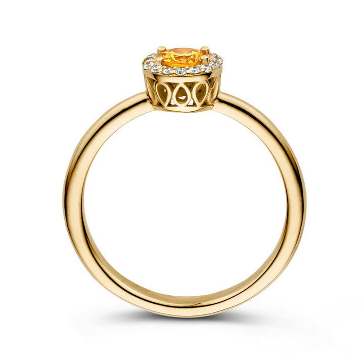 Luxe 18kt Geelgouden Entourage Ring met Oranje Saffier en 0.11ct Diamanten