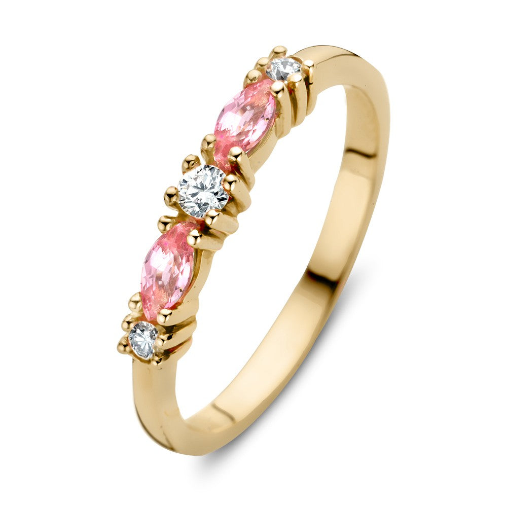 Geelgouden ring met drie briljanten en twee marquise geslepen roze saffieren.
