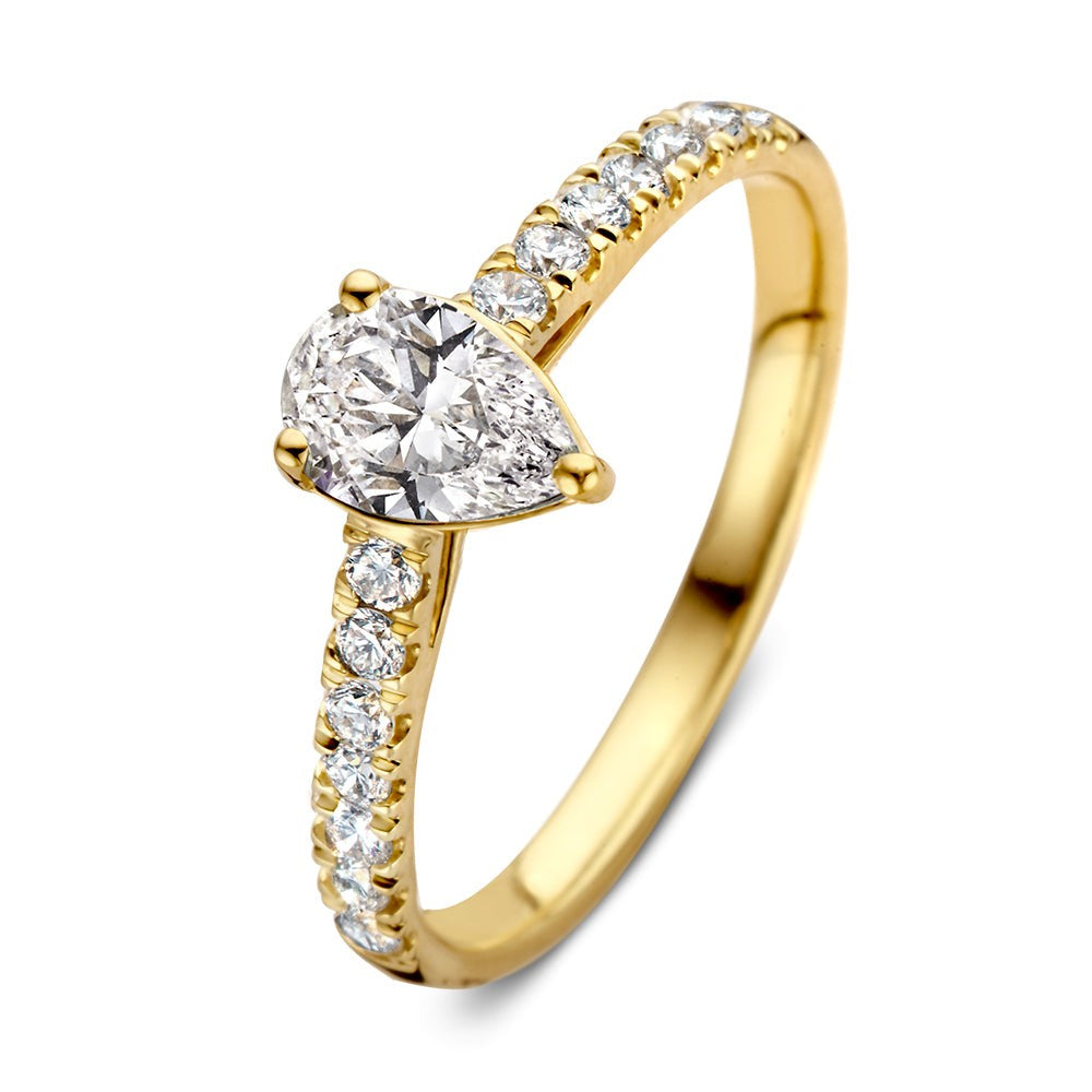 Ring in geelgoud met een peervormige diamant van 0,48 crt en een rij kleine diamantjes aan de band.