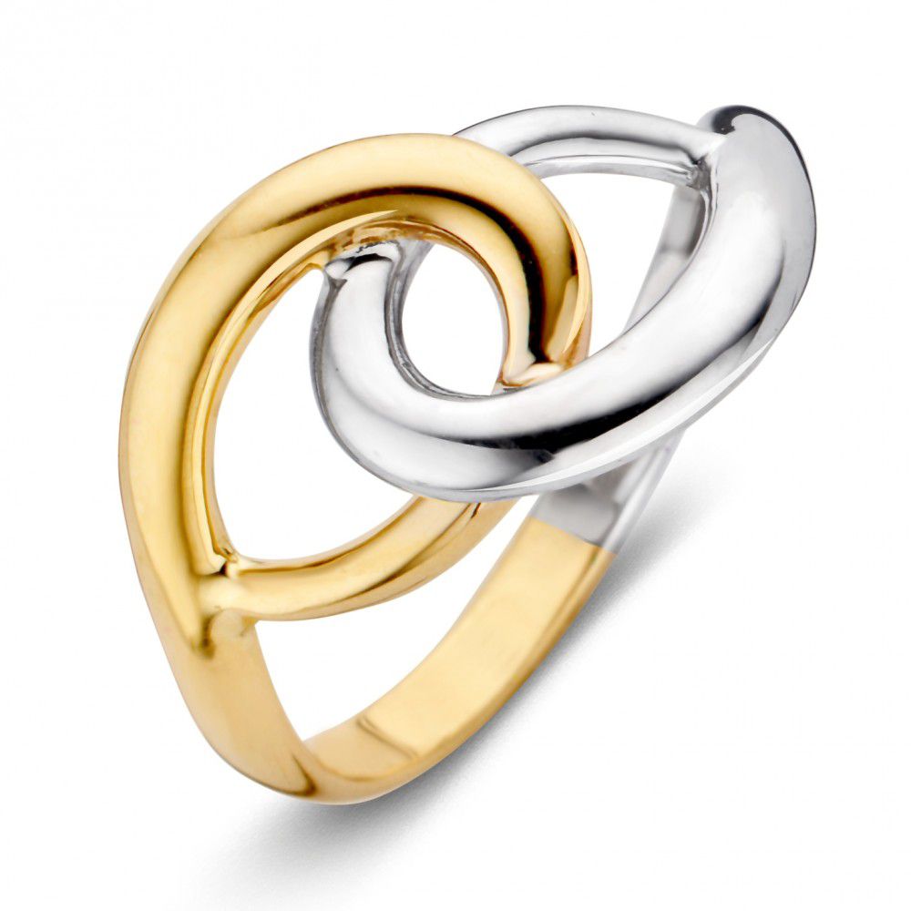Bicolor damesring van 14 karaat met een golvende, moderne vorm in goud en zilver.