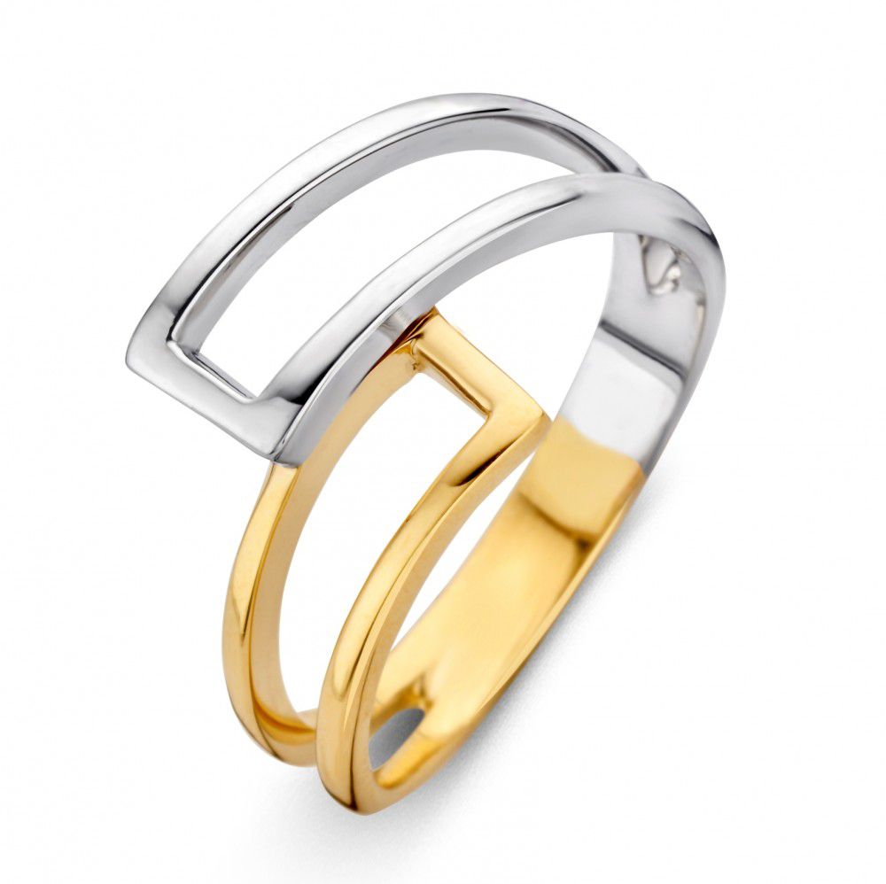 Gouden ring voor dames in geel en wit goud met een moderne, opengewerkte vorm.