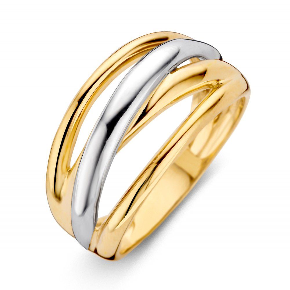 Gouden ring voor dames met een design van geel en wit goud, met een glanzende afwerking en overlappende banden.