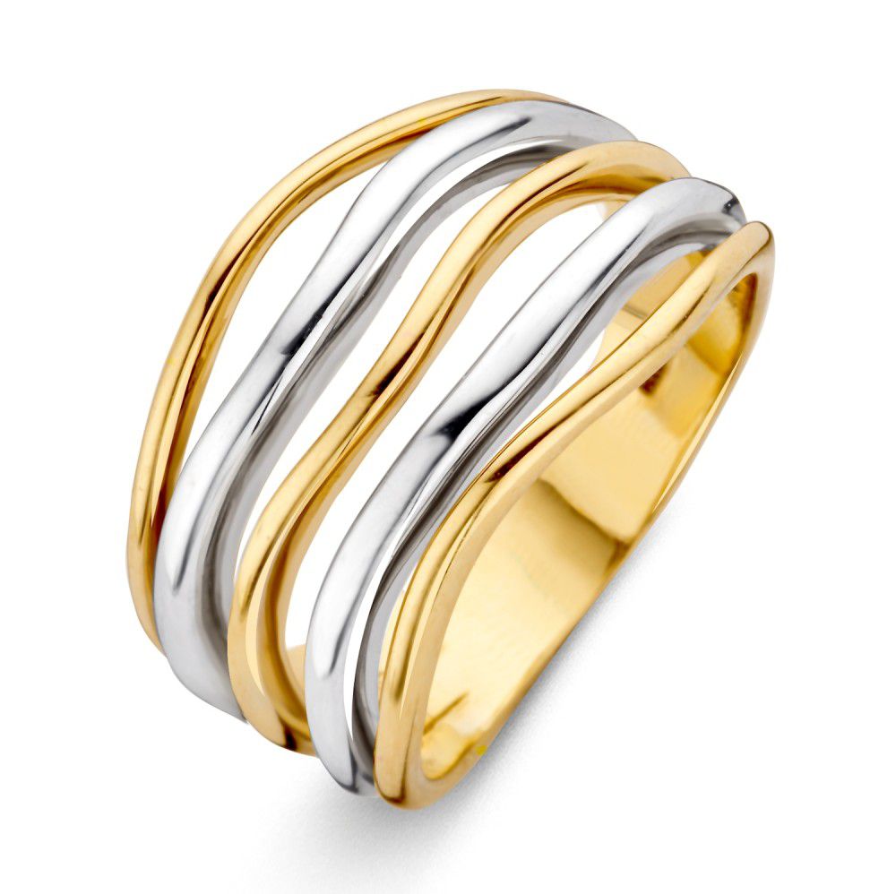 Gouden ring voor dames met golvende lijnen in geel en wit goud, breed ontwerp met glanzende afwerking.