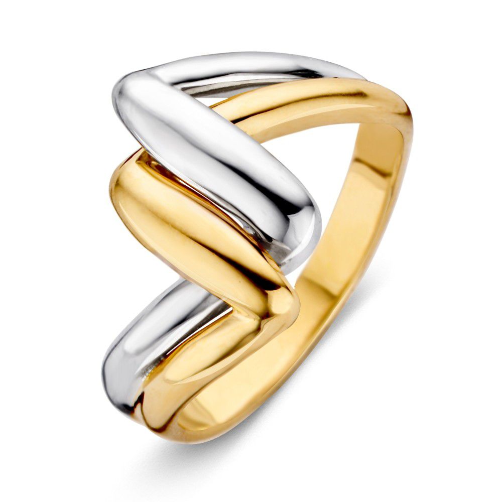 Bicolor ring met een golvende vorm, uitgevoerd in zilver en goud.