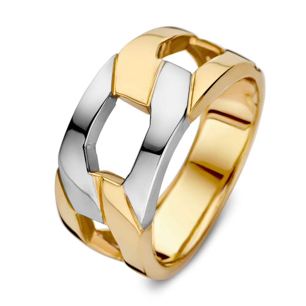 Bicolor geel- en witgouden statement ring met uniek schakelontwerp en glanzende afwerking.