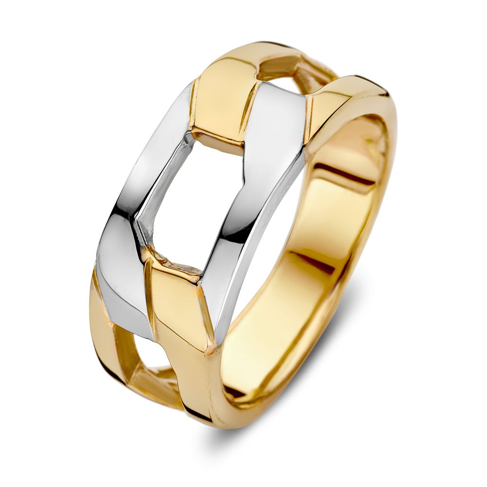 Bicolor damesring van 14 karaat geel- en witgoud met een modern, verbonden ontwerp.