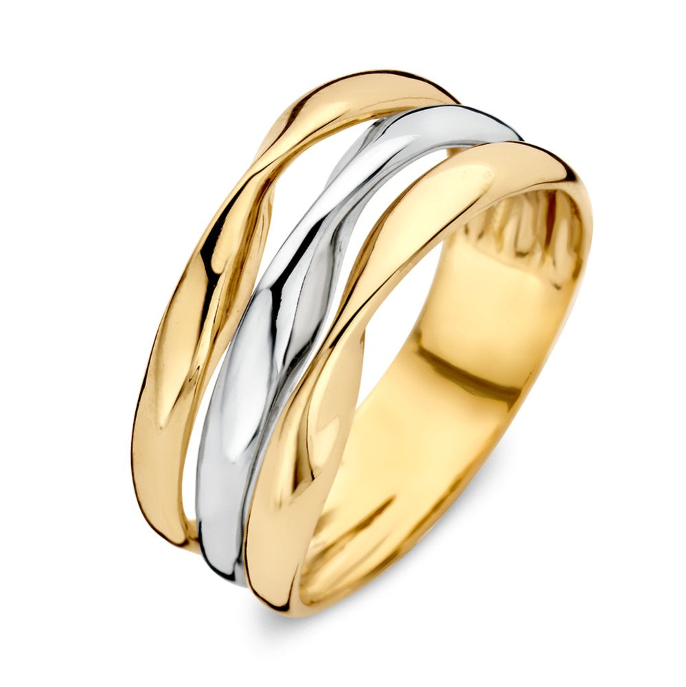 Bicolor damesring van 14-karaats wit- en geelgoud met een golvend design en luxe uitstraling.