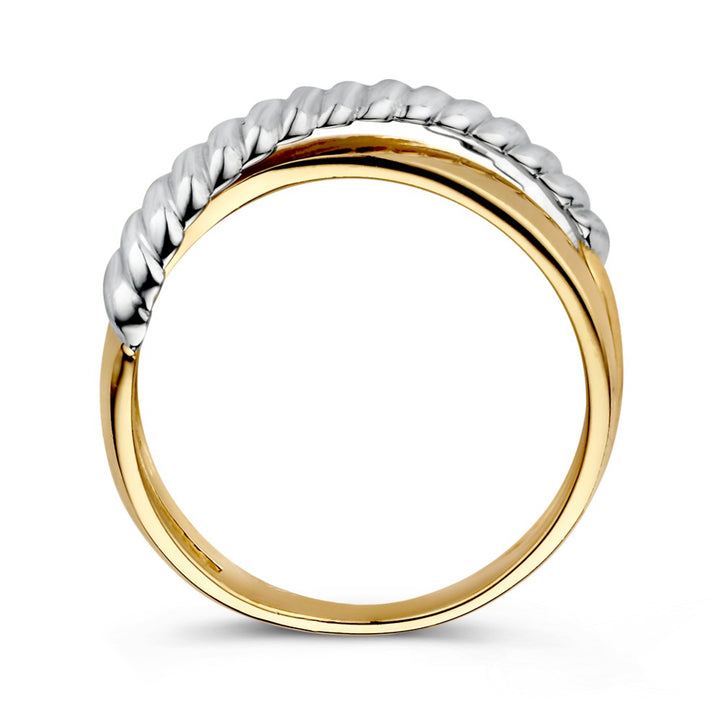 14-Karaats Bicolor Wit- en Geelgouden Crossover Ring – Geribbeld Design