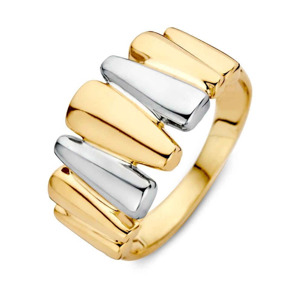 Bicolor damesring van 14 karaat met een combinatie van geel- en witgouden elementen in een moderne, gestileerde vorm.