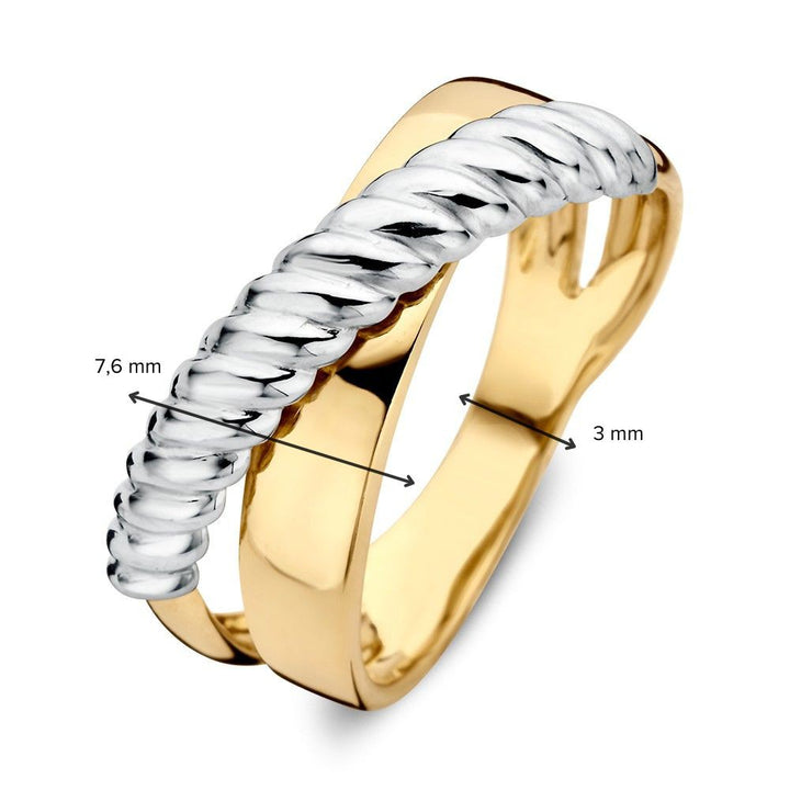 14-Karaats Bicolor Wit- en Geelgouden Crossover Ring – Geribbeld Design