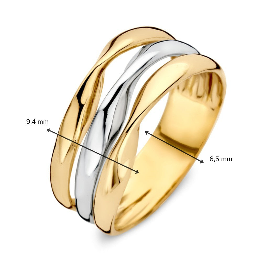 14-Karaats Bicolor Wit- en Geelgouden Damesring – Golvend Design met Luxe Uitstraling