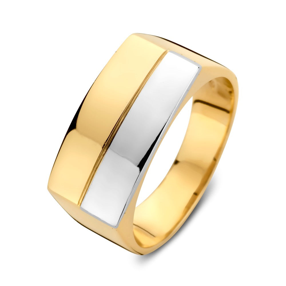 Bicolor herenring van wit- en geelgoud met een strak, modern design en een brede, glanzende afwerking.
