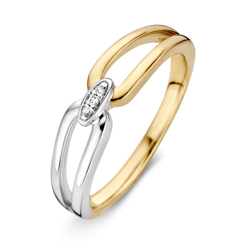 Bicolor damesring van 14 karaat met een glanzende afwerking, voorzien van drie kleine diamanten in het midden.