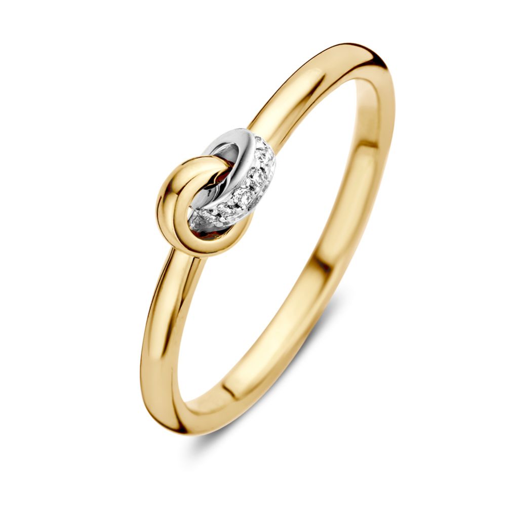 Bicolor gouden damesring van 14 karaat met een briljant geslepen diamant in een knoopdesign.
