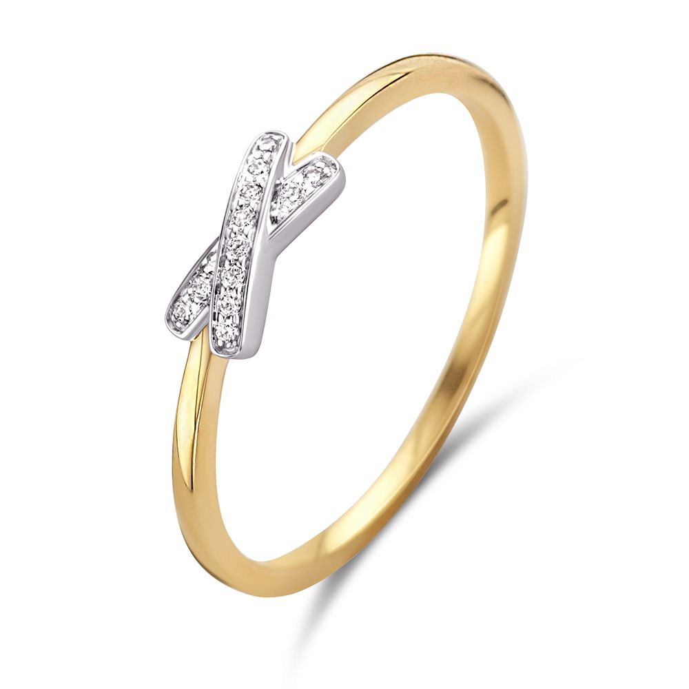 Bicolor gouden ring van 14 karaat met een X-ontwerp bezet met diamanten.