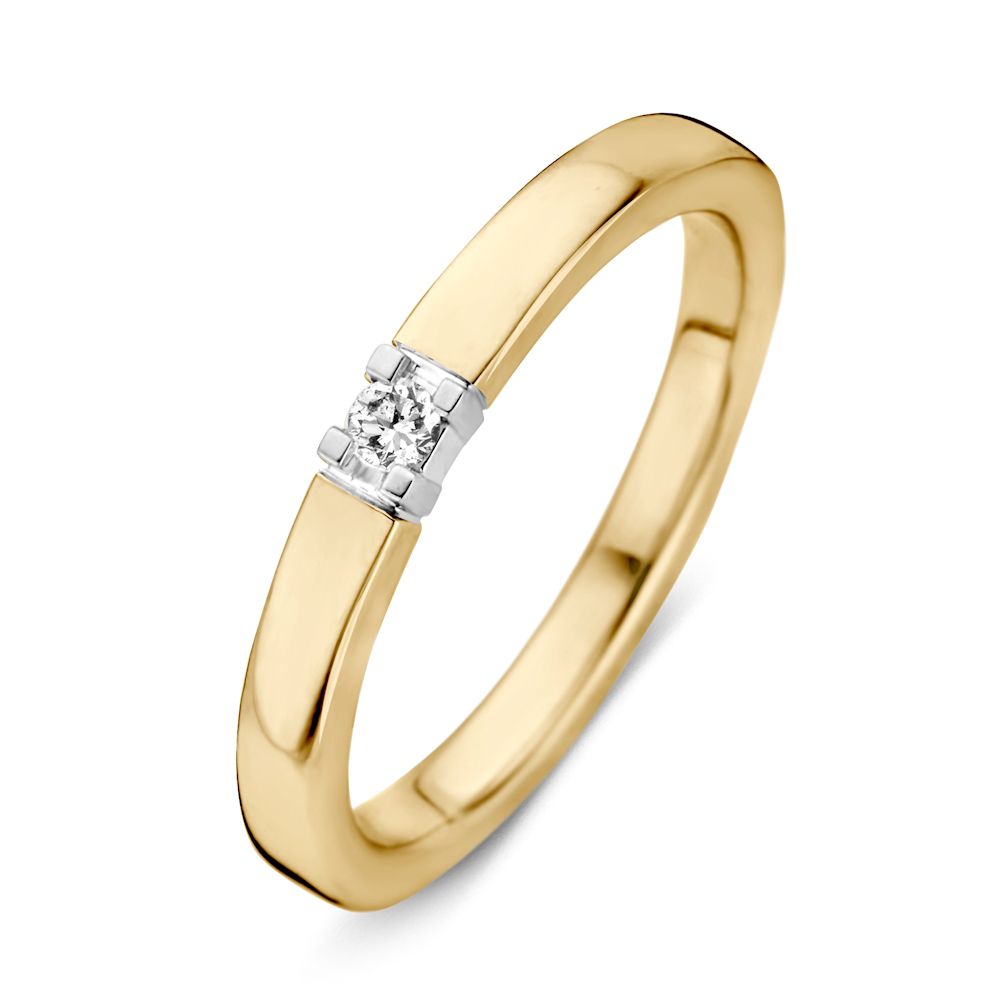 Bicolor 14kt wit- en geelgouden damesring met een 0.05ct briljant diamant in het midden.