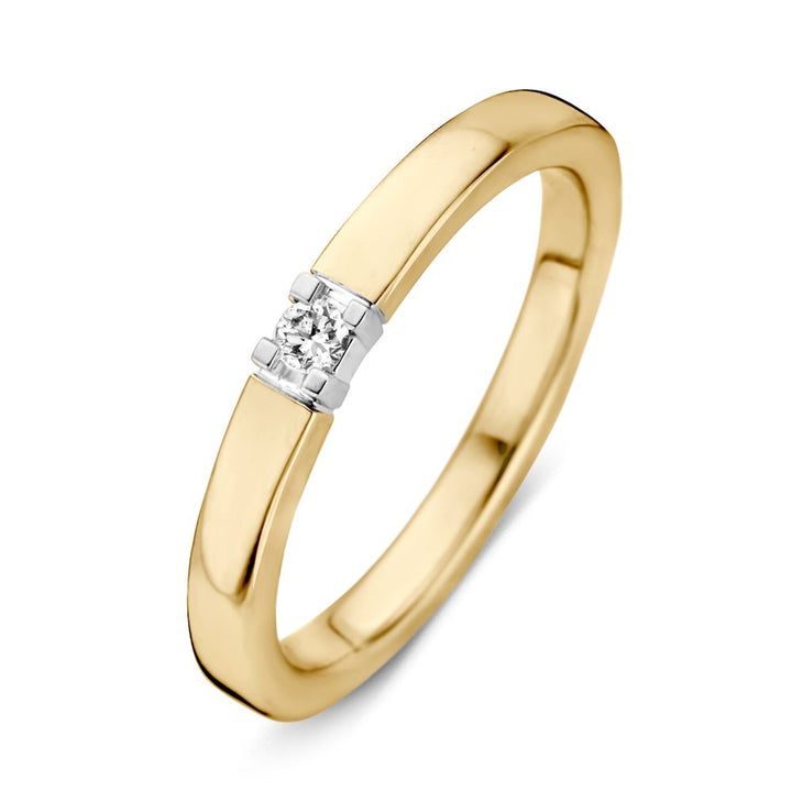 Bicolor 14kt Wit- en Geelgouden Damesring met 0.05ct Briljant Diamant