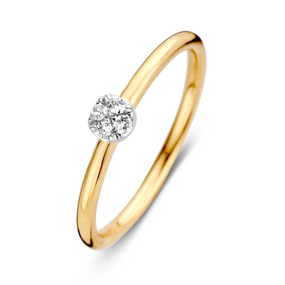 De Excellent Jewelry 14 karaats bicolor gouden damesring is gezet met een briljant geslepen diamant in een eenvoudig, minimalistisch ontwerp.