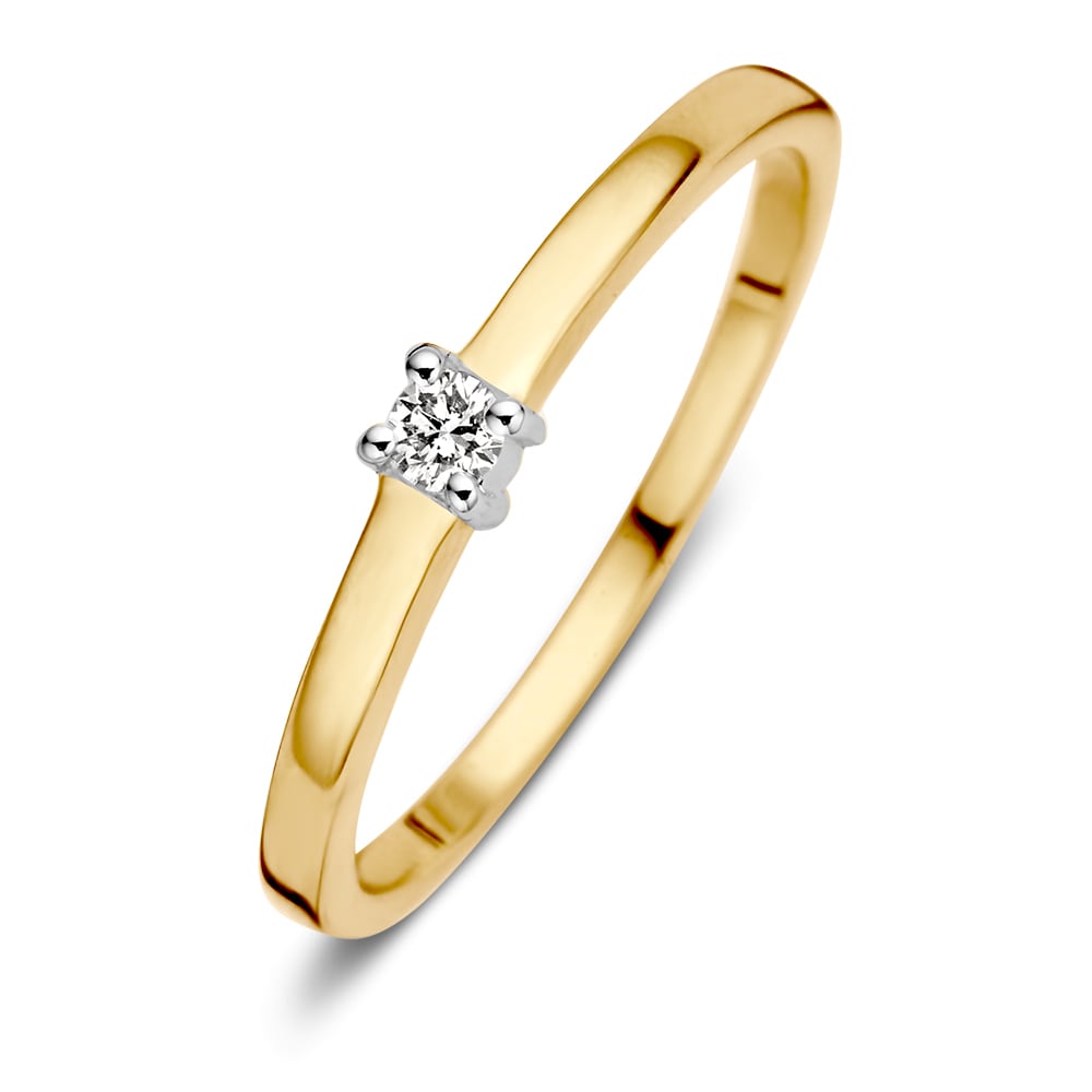 Bicolor gouden damesring van 14 karaat met een briljant geslepen diamant in een witte zetting.