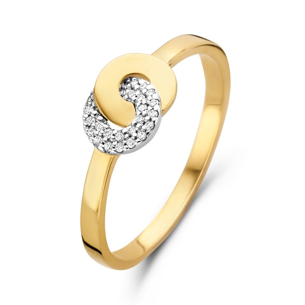 Bicolor gouden damesring met verbonden cirkels, bezet met diamanten en een glanzende afwerking.