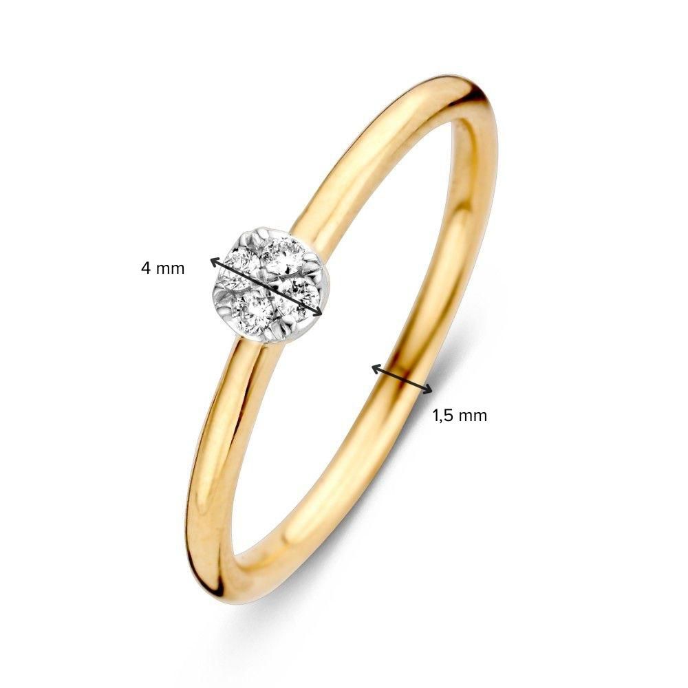 De 14-Karaats Bicolor Gouden Damesring met Briljant Geslepen Diamant van Excellent Jewelry heeft een ronde diamant-cluster van 4 mm en een smalle, gladde band van 1,5 mm. Zwarte pijlen geven de afmetingen aan.