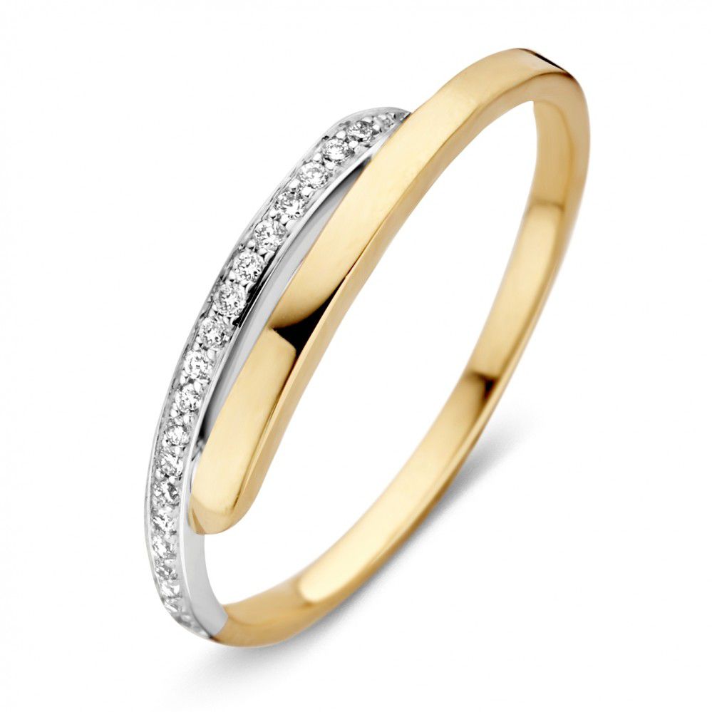 De 14-Karaats Bicolor Gouden Damesring met Briljant Geslepen Diamanten van Excellent Jewelry heeft een modern ontwerp met een gebogen band en is deels bezet met schitterende witte diamanten in een opvallend witgouden accent.