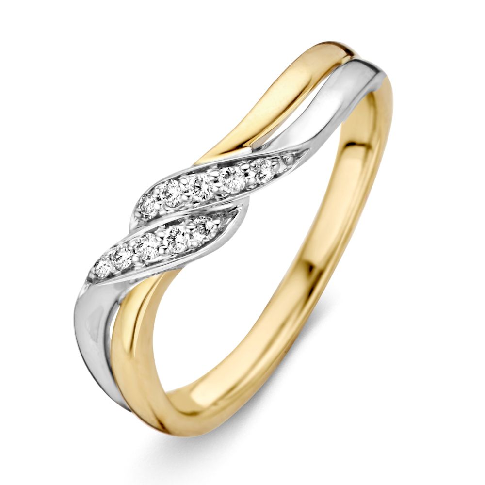 Bicolor gouden ring van 14-karaat met een golvende vorm en briljant diamanten in een zilveren inzet.