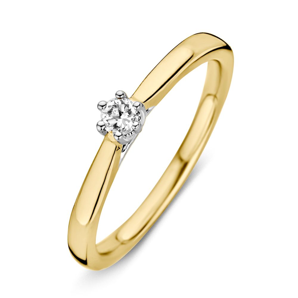 De 14-Karaats Bicolor Gouden Solitair Ring met Diamant en Zespootszetting van Excellent Jewelry is een gouden ring met een ronde diamant in een witgouden zespootszetting, gefotografeerd op een witte achtergrond.