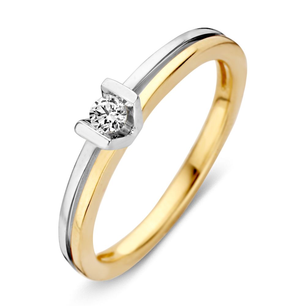 Bicolor gouden damesring van 14-karaat met een briljant geslepen diamant in een moderne zetting.