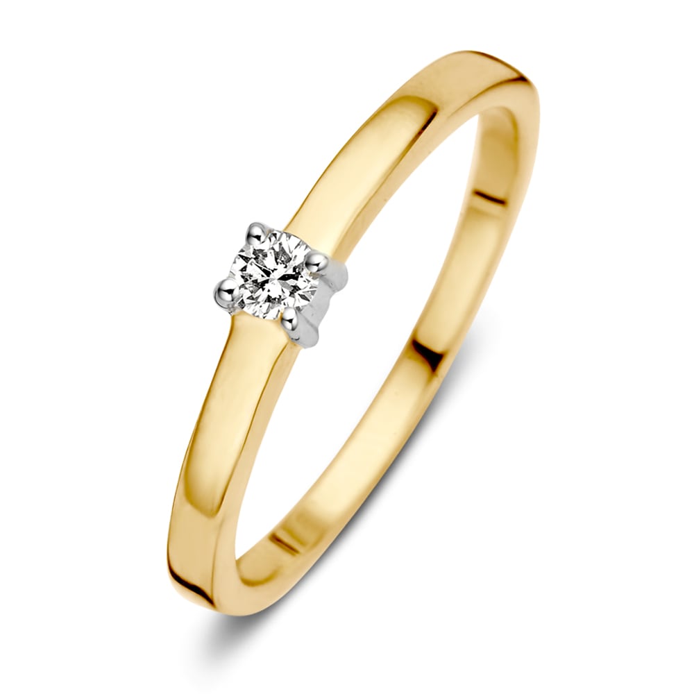 De 14-Karaats Bicolor Gouden Damesring met Briljant Geslepen Diamant van Excellent Jewelry heeft een verfijnde band en een centrale briljant geslepen diamant in een witgouden zetting voor een elegante uitstraling.
