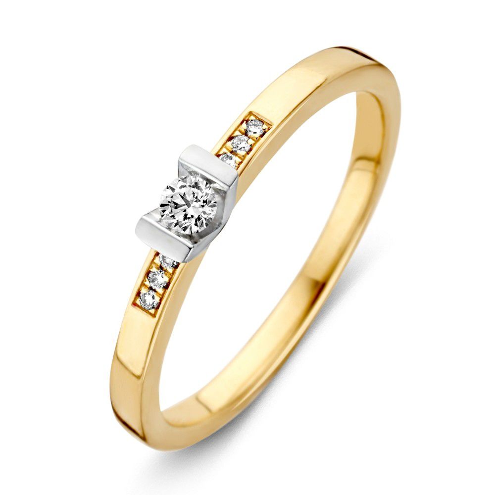 Bicolor gouden damesring van 14 karaat met briljant geslepen diamanten in een moderne setting.