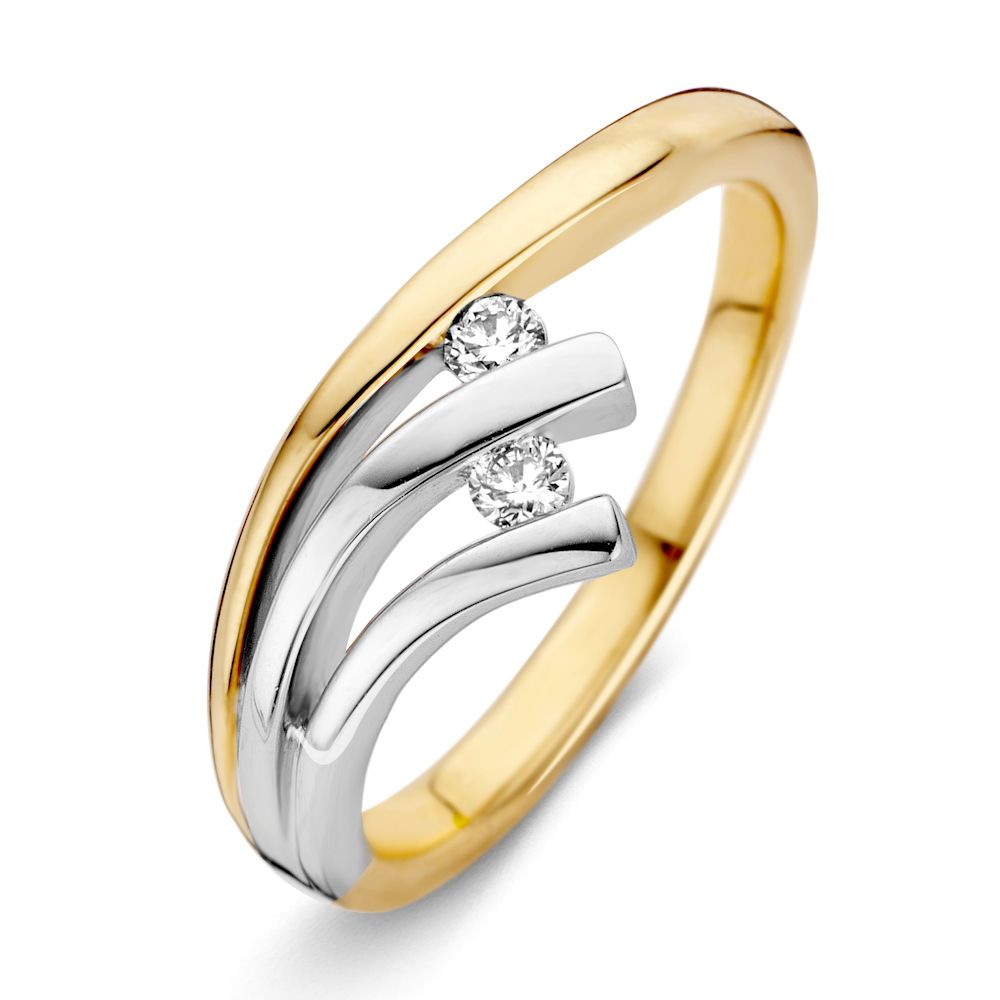 Bicolor gouden damesring van 14 karaat met twee briljant geslepen diamanten en een golvende vorm.