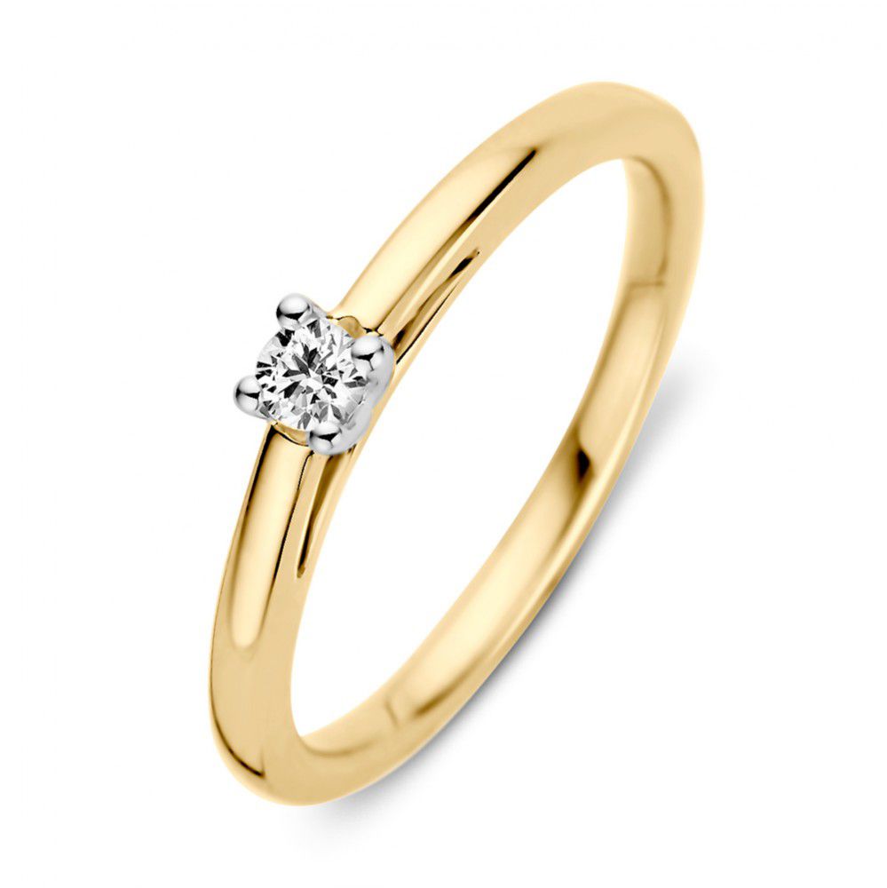 Bicolor gouden ring van 14 karaat met een briljant geslepen diamant in een witte zetting.